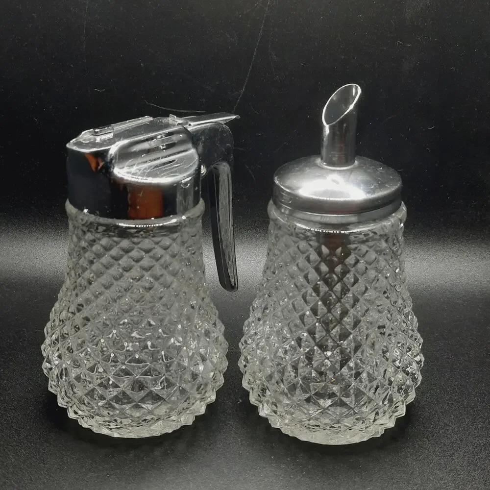 Vintage Cambridge Clear Glass Sugar & Syrup Set Diamond Point Pressed Glass MCM